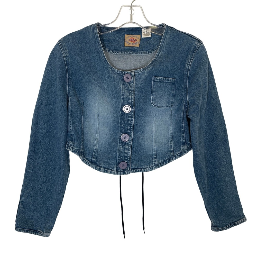 Y2K Vintage Wayne Rogers Cropped Denim Jacket Lace Up Corset Back Blue Size 4